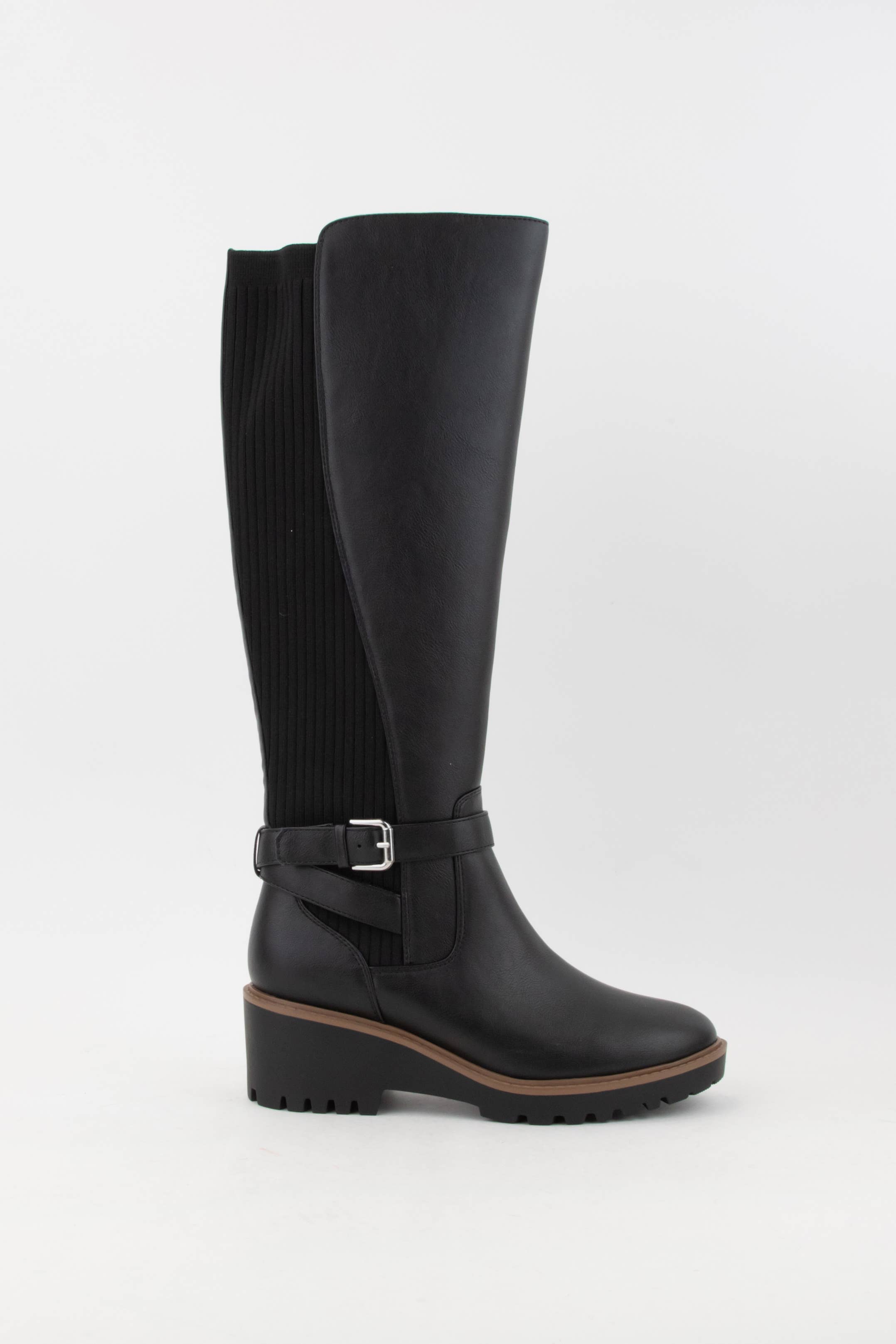 Knee high boots with elastic clearance back